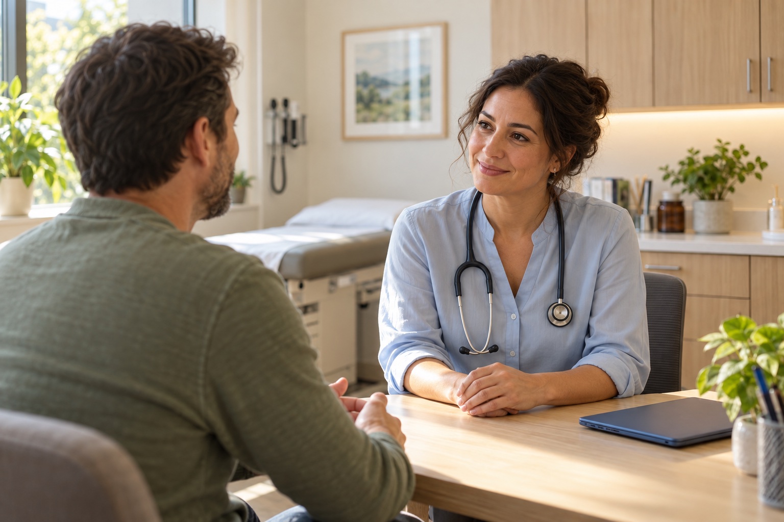 Illustrative primary care consultation in a warm, modern independent practice